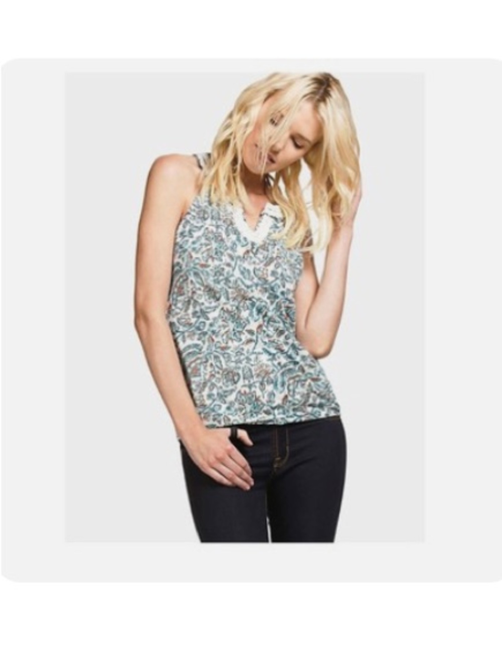 Lucky Brand Floral Paisley Crochet-Trim Tank Top - Blue & Orange on Cream